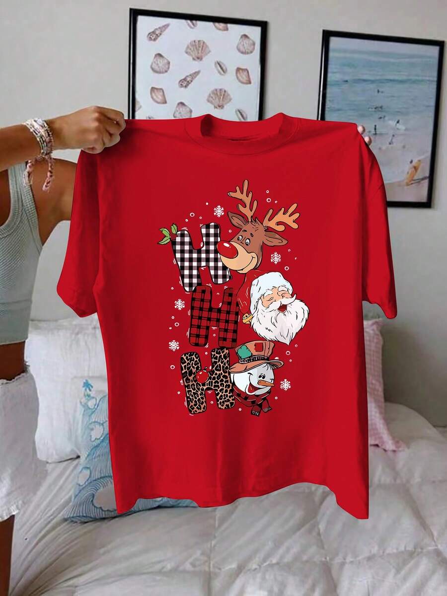 Top Casual de Manga Corta Talla Grande con Estampado Navideño y Cuello Redondo, Adecuado para Verano y Primavera, Ropa de Mujer. - Rojo - Ver 1