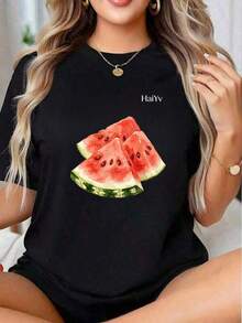 Oferta por tiempo limitado, cantidad limitada disponible,  relámpago, camisas de mujer, camisetas de mujerPlayera Casual Negra de Mujer con Estampado Frutal de Sandía en Acuarela, Camiseta Manga Corta Cuello Redondo,  Moda Verano 2026, Ropa Comoda para Salidas y Uso Diario - Negro - Ver 4