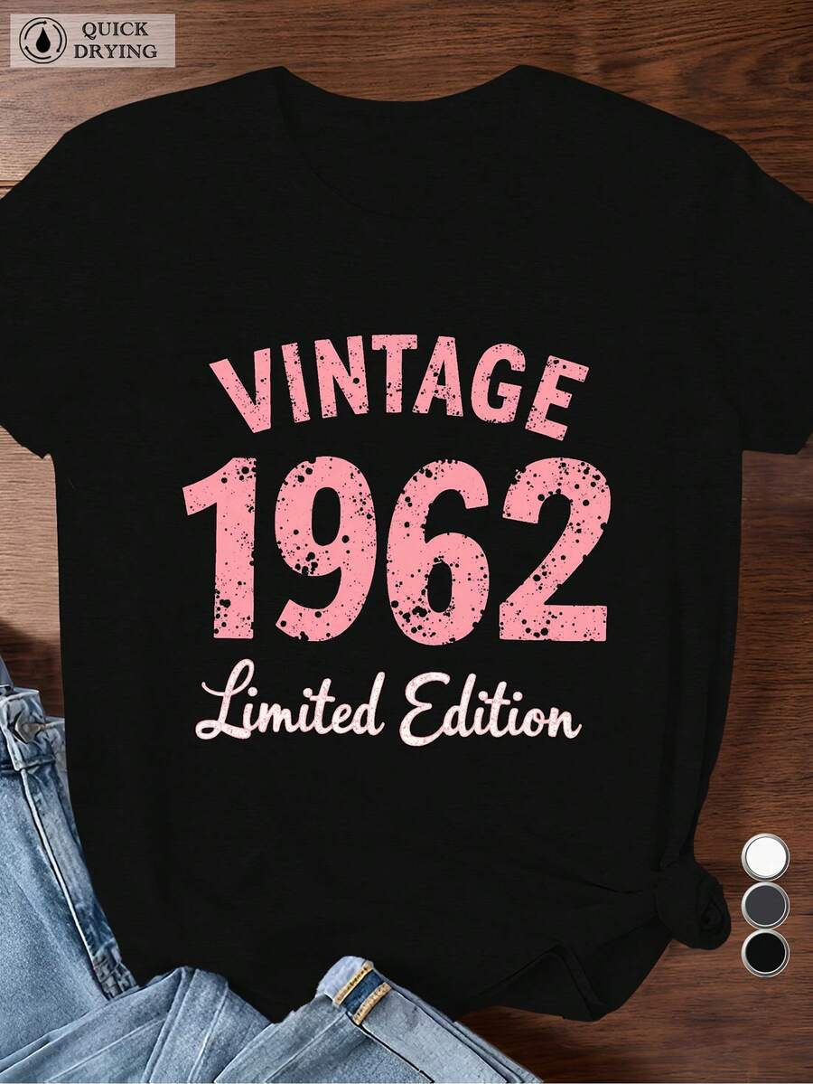 Women's Vintage 1962 Letter Print T-Shirt, New, Versatile, Casual, Slim Fit, Short Sleeve Summer Top - 黑色 - 查看 1
