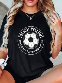 Comodidad diaria | Camiseta de talla con la frase "No estoy gritando, esta es la voz de mi madre futbolista" - Camiseta negra con estampado de balón de fútbol, ropa casual divertida para mujer, camiseta básica de otoño/invierno, regalo de Año Nuevo, camiseta para mujer. - Negro - Ver 6