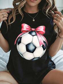 Elegante y casual mujer manga corta,Women Soccer Ball With Pink Bow T Shirt Christmas Holiday Sport Print Black Casual Wear Summer - Negro - Ver 8
