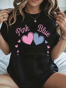 Elegante y casual para mujer, manga corta, camiseta casual para el Día de la Madre, rosa o azul, estampado de corazones "La abuela te quiere", uso diario en primavera y verano. - Negro - Ver 1