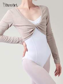 DonsGirl 1件女款針織芭蕾保暖上衣，長袖前扭結套頭運動毛衣 - 杏色 - 查看 11