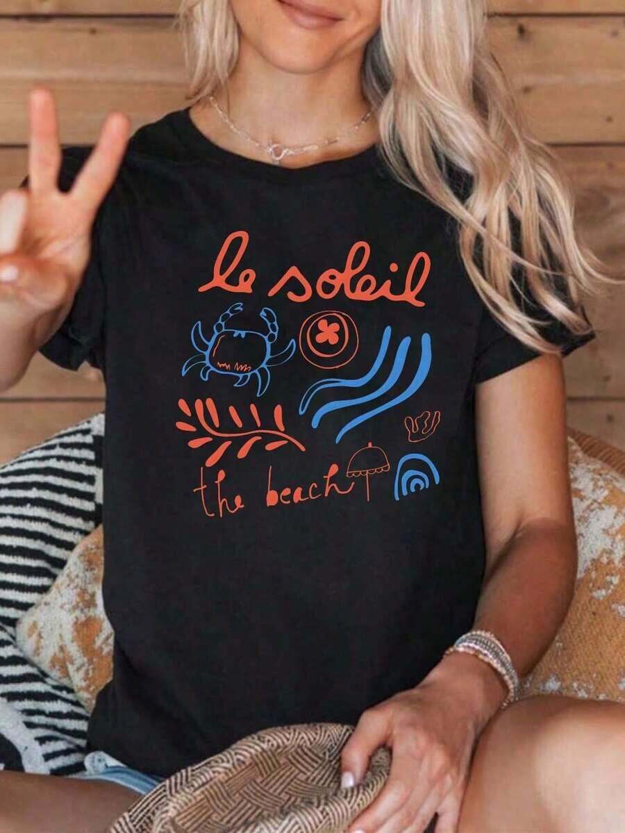 CasualPlayera negra de mujer con estampado de playa, cangrejo y olas, camiseta casual de manga corta, cuello redondo, blusa cómoda estilo verano para vacaciones, viaje y outfits casualesMust-have - Negro - Ver 1