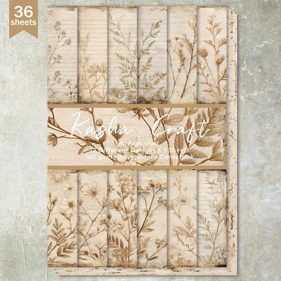 36 Sheets A5 Vintage Botanical Letter Background Scrapbooking Paper, Suitable For Bullet Journals, Collages, Cards, Scrapbooks And Crafts - Rectangle - View 1