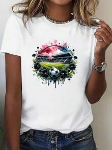 Camiseta de Mujer de Cuello Redondo Estampada, Serie de Ropa EE. UU.-México. Estilo Artístico y Deportivo con Estampado de Estadio, Creando un Look Atmosférico para Ver Partidos. Ropa para Aficionados al Fútbol, Atuendo para Animar. Nueva Camiseta de Manga Corta Cómoda para Primavera/Verano, Ropa - blanco - Ver 3