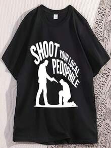 Camiseta unisex con el lema "Dispara a los pedófilos de tu barrio", de color negro con un dise?o humorístico, de manga corta y cuello redondo, confeccionada en algodón puro. - Negro - Ver 1