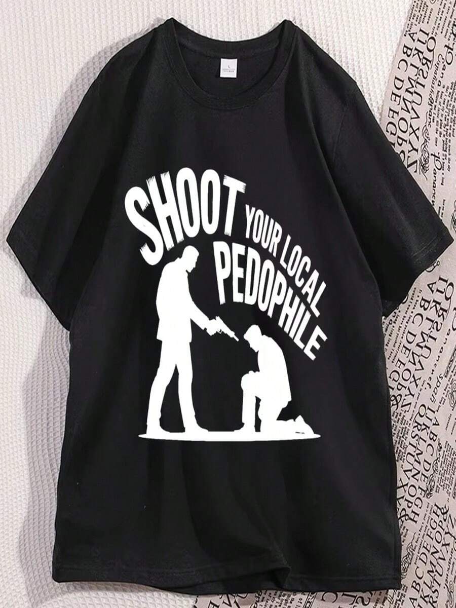 Camiseta unisex con el lema "Dispara a los pedófilos de tu barrio", de color negro con un dise?o humorístico, de manga corta y cuello redondo, confeccionada en algodón puro. - Negro - Ver 1
