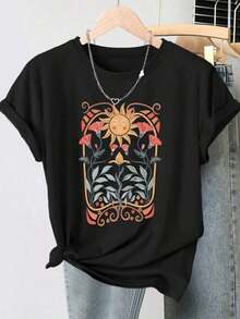 NewSummerCasualCamiseta unisex, nueva colección primavera-verano 2026, camiseta de manga corta con cuello redondo para mujer, con estampado de sol y flores, estilo retro desgastado, top casual, tela suave, ropa de mujer de alta calidad. |   Diseño Divertido y Peculiar |   Adecuado para uso diario en primavera, verano y otoño. |   Playful Age-Red,ropa de mujer  blusas para dama casuales  camisas de mujer blusa blusas para mujer  camisas-Vintage Street Style Unisex Loose Cotton Short Sleeve Crew Neck T-Shirt - Negro - Ver 1