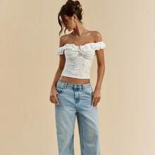 Women's Floral Jacquard Short Sleeve Off The Shoulder Crop Top Ruffle Fitted Tee Shirts - White - View 3