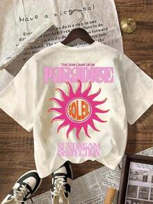 Camiseta Casual de Manga Corta con Cuello Redondo para Mujer, con Estampado "SUN Paradise Soleil", Ropa de Playa para Vacaciones de Verano, Ropa de Concierto de Tallas Grandes, Ropa para la Temporada de Graduación - Albaricoque - Ver 2