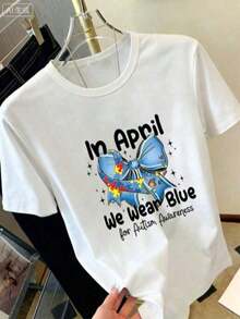 Camiseta Casual de Verano para Mujer, Manga Corta, Azul, con Patrón de Lazo y Rompecabezas, Promueve la Concientización sobre el Autismo.Camiseta Deportiva de Moda para Mujer con Estampado Único, Cuello Redondo y Manga Corta, Top Cómodo, Ropa de Verano para Mujer, Ropa de Vacaciones para Mujer, Ropa de Primavera para Mujer, Tops de Verano, Ropa para Festivales, Ropa de Pascua para Mujer. - Blanco - Ver 11