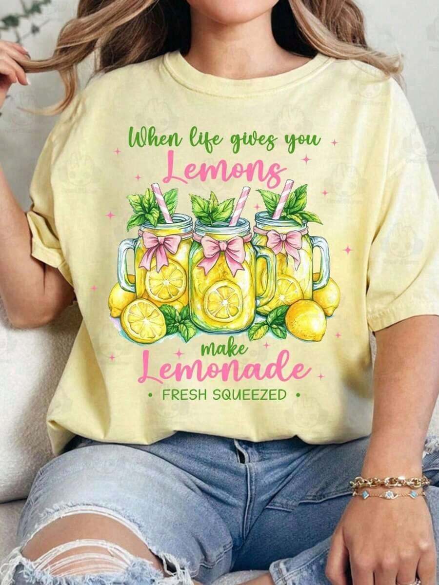 1 Pieza de Ropa Casual de Moda para Hombres y Mujeres. Cuando la vida te da limones, es divertido. Camiseta moderna de manga corta con estampado de letras, cuello redondo regular, tela cómoda y transpirable. Versátil, fácil de combinar, adecuada para el uso diario, estilo urbano, conjuntos de vacaciones y ropa de fin de semana. - Albaricoque - Ver 1