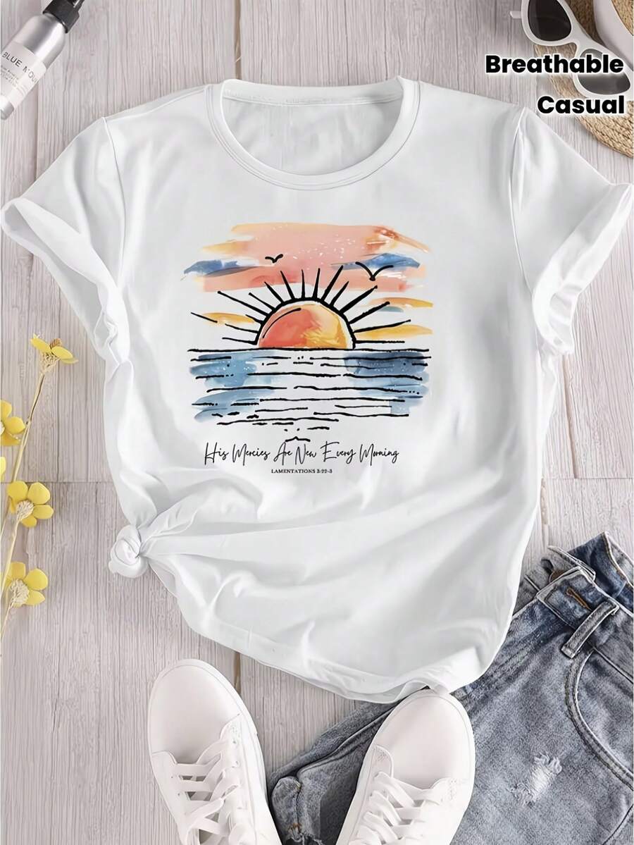 Camiseta casual para mujer con estampado digital creativo de puesta de sol, olas, pájaros y cielo, cuello redondo, manga corta, lavable a máquina, sencilla y versátil, transpirable, corte casual para primavera y verano (temática de viajes y vacaciones). - Blanco - Ver 1