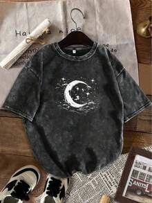 1 pieza de camiseta de algodón lavado, con estampado de luna y estrellas, camiseta de marca de moda vintage de algodón batik de alta calidad, camiseta para mujer, camiseta de otoño e invierno para mujer, regalo de Acción de Gracias y Navidad, regalo festivo, único y llamativo, esencial para el día a día, 180g 100% algodón. - Negro - Ver 6