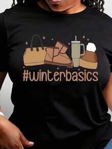 Women's Basic Winter T-Shirt, Cute Christmas T-Shirt For Women, Festive Sweater, Christmas Gift, Warm Crew Neck For The Season, Stylish Winter T-Shirt - 黑色 - 查看 6