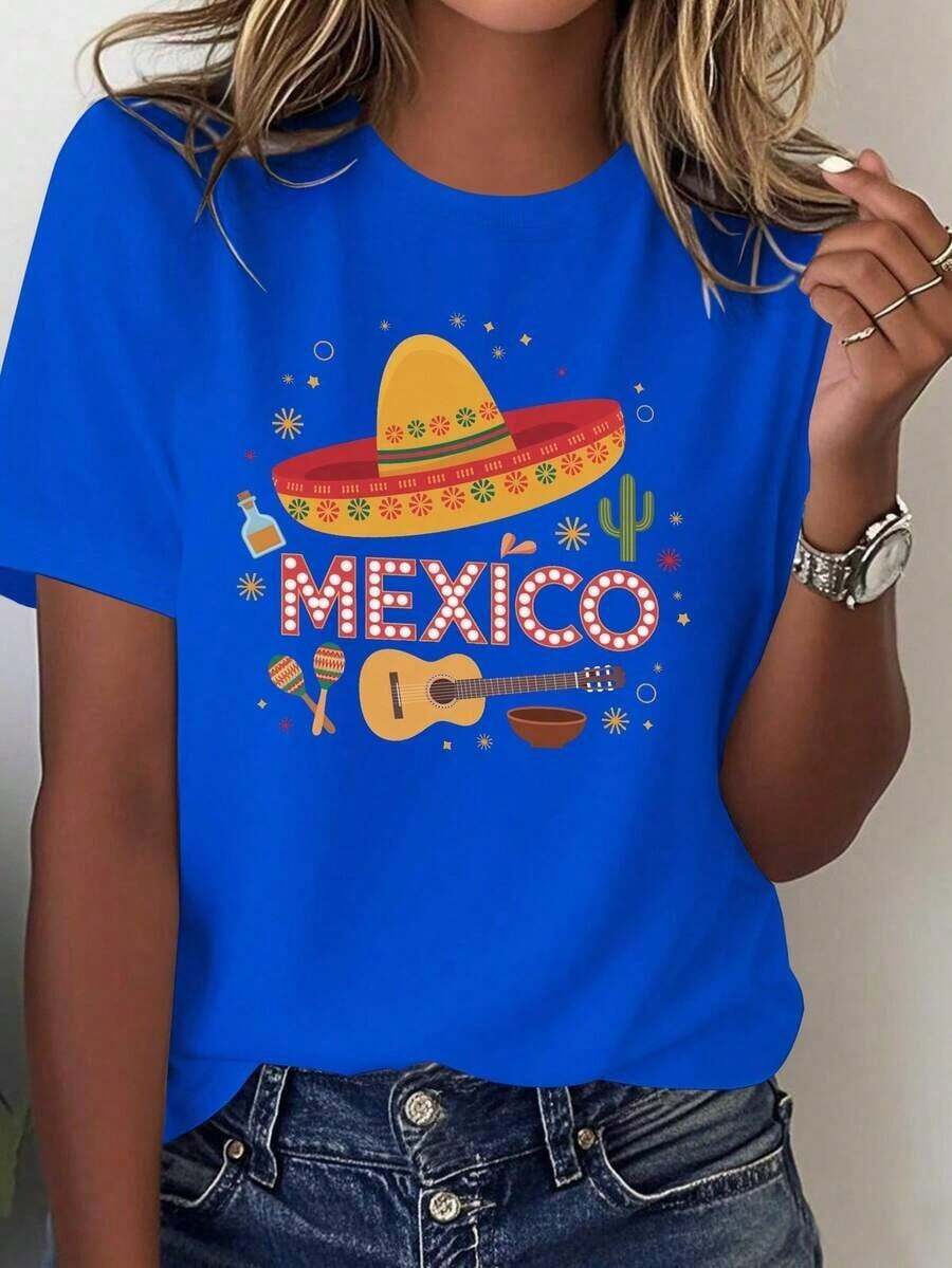 Camisetas Ligeras con Estampados para Mujer - Temática Mexicana - Camiseta de Algodón - Impresa con diseños de sombrero de mariachi y maracas, combinadas con cactus, chiles y tequila - Colores de la bandera mexicana (verde, rojo, dorado) - Adecuada para fiestas, Cinco de Mayo y atuendos casuales tradicionales de vacaciones mexicanas - 100% algodón, una opción popular. Conjuntos de Vacaciones de Verano 2026 - Azul - Ver 1