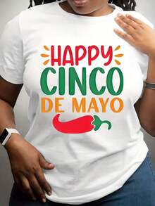 Talla Grande, Camiseta de Talla Grande con Temática Mexicana - Estampado de Chiles y Atuendo para Fiesta del Cinco de Mayo, Camiseta Casual de Verano de Manga Corta y Cuello Redondo con Patrones de Chiles, Lavable a Máquina, Adecuada para el Vestuario del Cinco de Mayo, 100% Algodón - Blanco - Ver 1