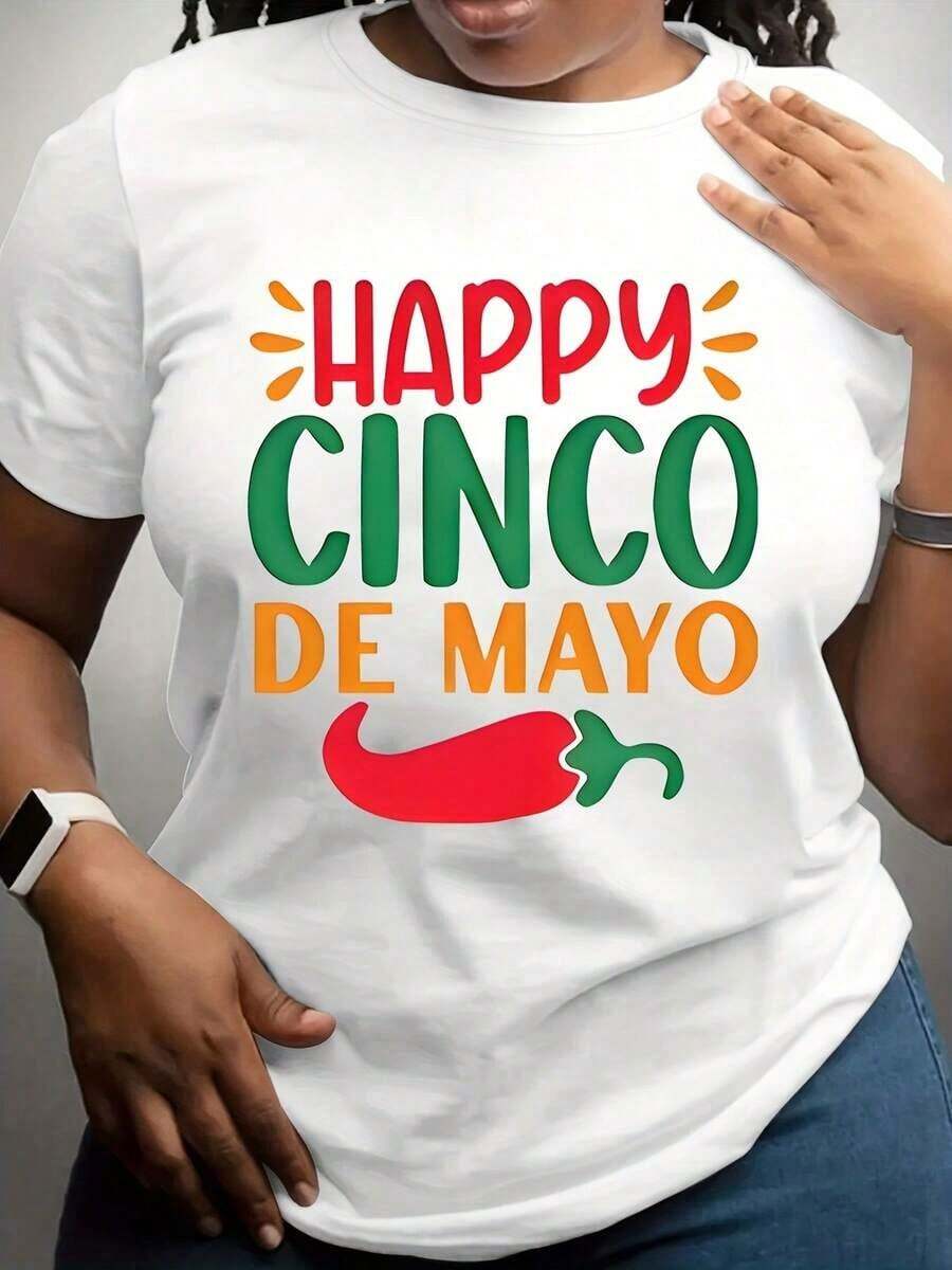 Talla Grande, Camiseta de Talla Grande con Temática Mexicana - Estampado de Chiles y Atuendo para Fiesta del Cinco de Mayo, Camiseta Casual de Verano de Manga Corta y Cuello Redondo con Patrones de Chiles, Lavable a Máquina, Adecuada para el Vestuario del Cinco de Mayo, 100% Algodón - Blanco - Ver 1