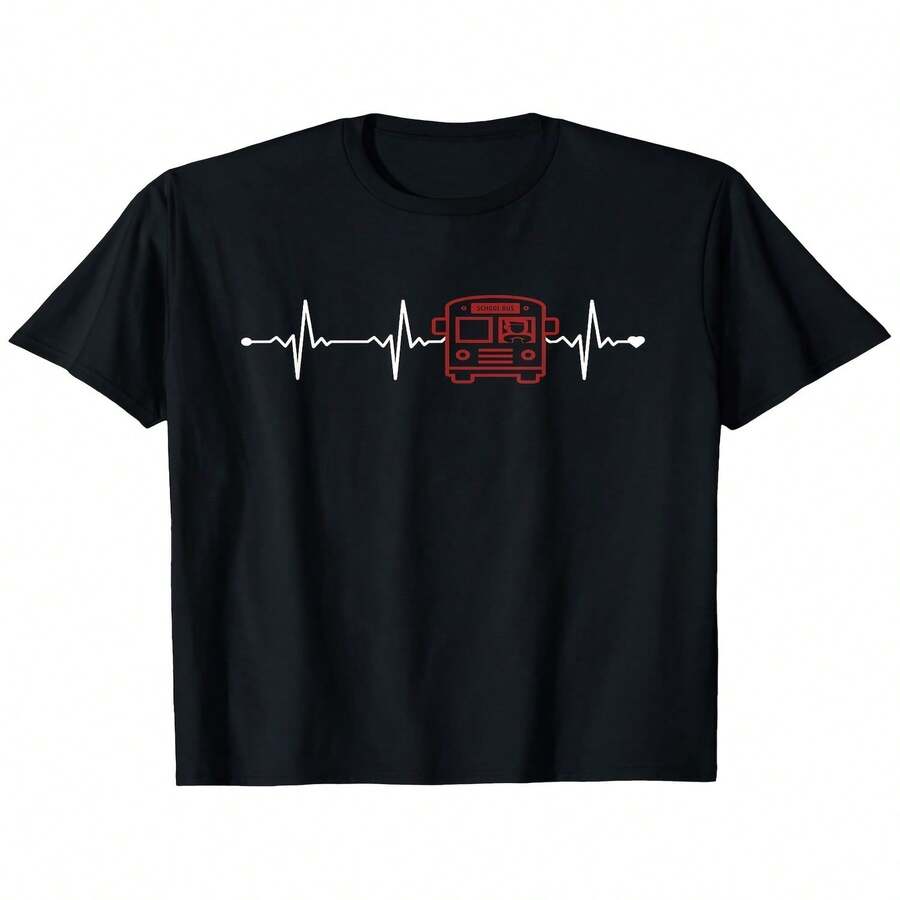Esta camiseta con temática del Día de la Independencia/Día del Padre presenta un dise?o de latido de corazón que representa un autobús escolar sobre un fondo negro con un gráfico de un autobús escolar amarillo. Esta camiseta informal de manga corta tiene un corte regular, lo que proporciona comodidad durante todo el a?o, y es lavable a máquina. Tallas disponibles desde la S hasta la XXXL. - Negro - Ver 1