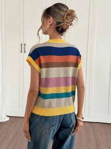 Suéter de mujer casual minimalista con estampado de bloques de color y rayas en estilo bohemio mediterráneo - Primavera/Verano Estilo vintage "Old Money Soft Girl", perfecto para el trabajo, la oficina, las vacaciones, el regreso a la escuela, - Multicolor 4 - Ver 2