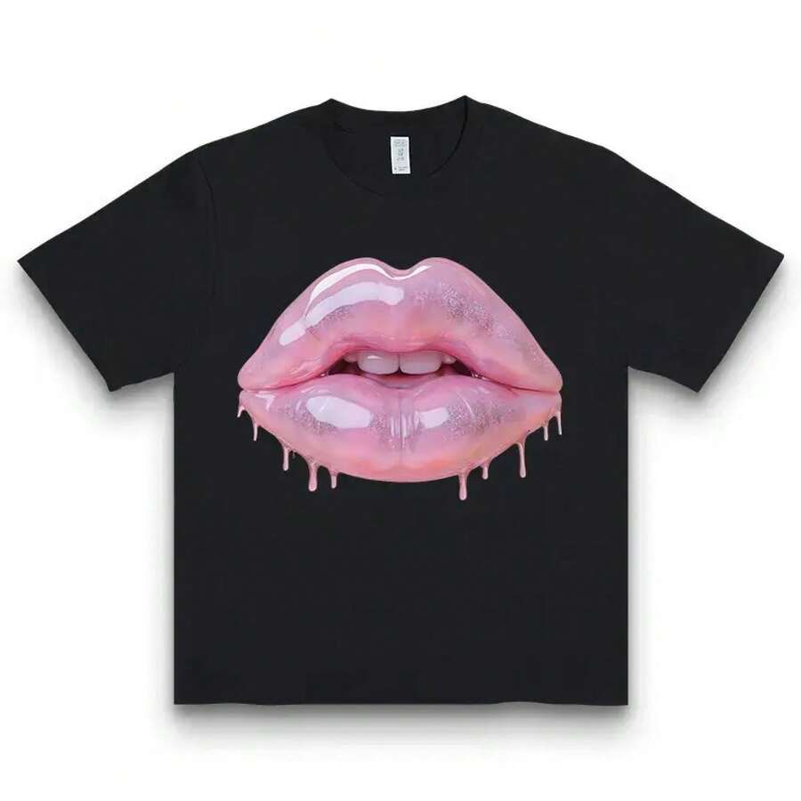 Camiseta Gráfica Coquette Glitter Drip Lips | Camisa holgada de moda Y2K 100% algodón, imprescindible. - Negro - Ver 1