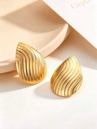 1Pair Textured Water Drop Stainless Steel Stud Earrings, Minimalist Gold Tone Statement Earrings, Versatile For Daily/Date/Party/Office Wear