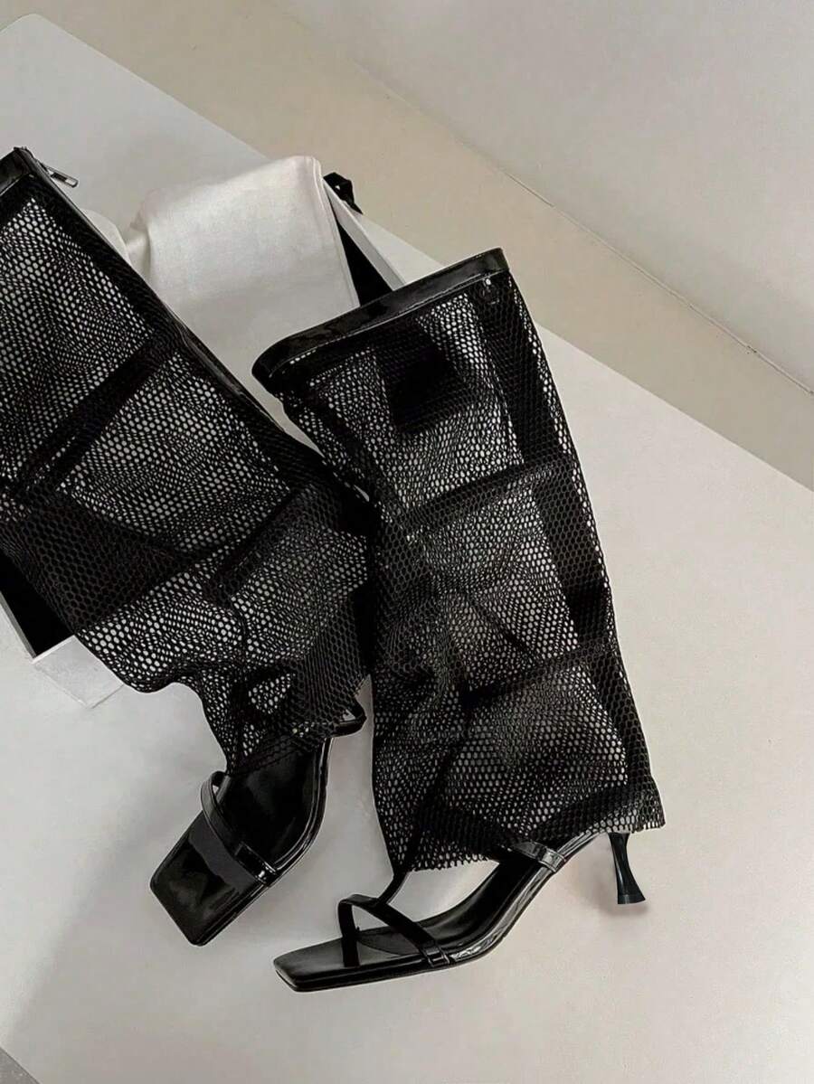 夏季镂空高筒靴，时尚百搭设计，露趾网布靴筒，女士高跟长靴 - 黑色 - 查看 1