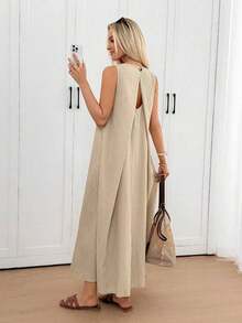 Vestido midi holgado sin mangas con espalda plisada, bajo irregular, silueta en A, tela de crepé texturizada, uso casual, relajado y elegante para la oficina/vacaciones para mujeres, primavera/verano - Albaricoque - Ver 4