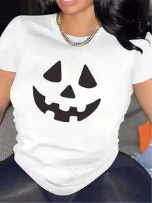 100% Cotton Short Sleeve T-Shirt With Pumpkin Design For Halloween Parties, Durable Polyester Fabric, Comfortable Fit, Ideal For Indoor/Outdoor Events, Festive Costume Top, Lightweight And Breathable Clothing - 白色 - 查看 6