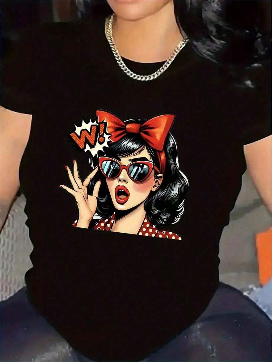 100% Cotton Women's Retro Graphic Pin-Up T-Shirt - Soft Polyester Shirt With Red Bow - Casual And Formal Styles Inspired By The 1950s - Retro T-Shirt For Everyday Wear For Women, Ladies' T-Shirts, Restaurant Wear, Medium Stretch Fabric - 黑色 - 查看 1