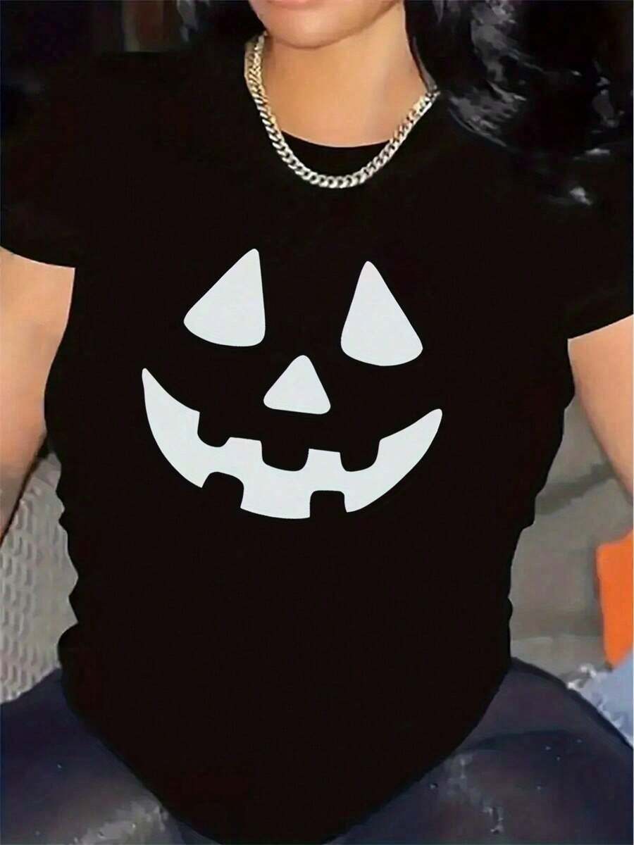 100% cotton Camiseta de Manga Corta con Diseño de Calabaza para Fiestas de Halloween, Tejido de Poliéster Duradero, Ajuste Cómodo, Ideal para Eventos en Interiores/Exteriores, Top de Disfraz Festivo, Ropa Ligera y Transpirable - Negro - Ver 1