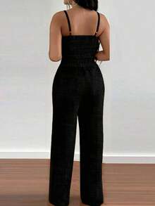 Set de 2 piezas con top de tirantes con estampado floral y pantalones anchos con cintura elástica y lazo para mujeres - Negro - Ver 2