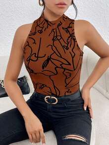 Camiseta sin mangas de cuello alto para mujer con estampado total para el verano - Marrón - Ver 6