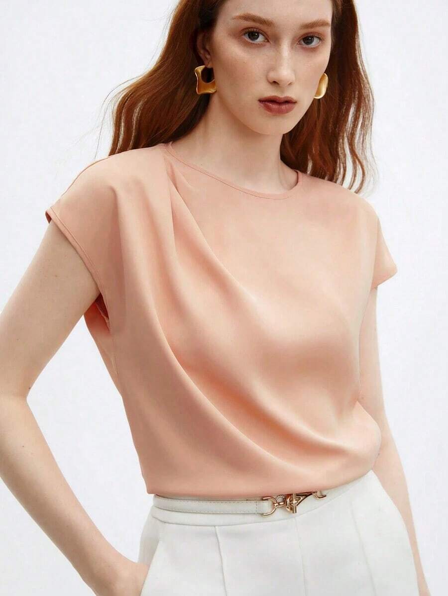 Blusa de satén de corte holgado con mangas acampanadas para mujer, elegante y versátil para ocasiones urbanas románticas, formales, de viaje, como invitada de boda, cumpleaños, casual de negocios, citas, aeropuerto, regreso a clases, uso en la ofi - Champán - Ver 1