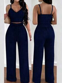 Set de 2 piezas con top de tirantes con estampado floral y pantalones anchos con cintura elástica y lazo para mujeres - Azul marino - Ver 1