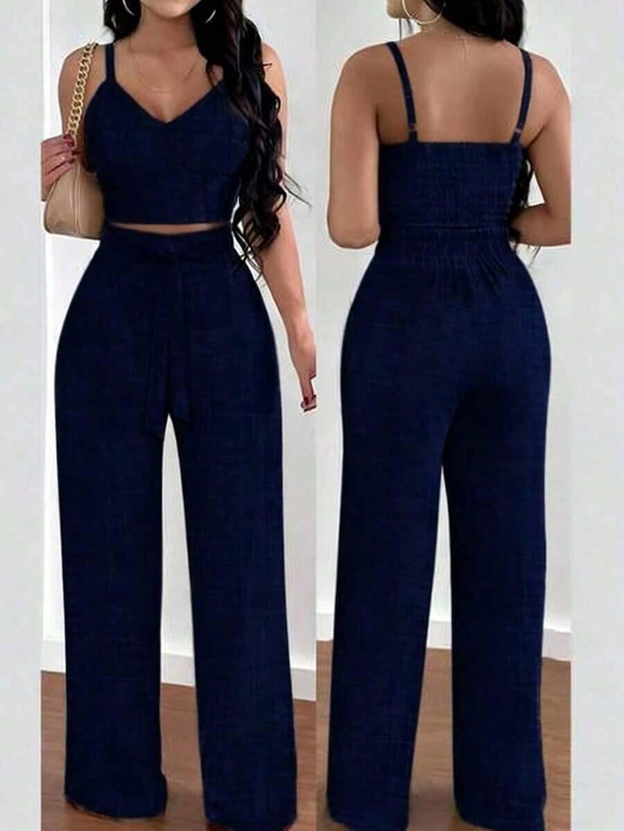 Set de 2 piezas con top de tirantes con estampado floral y pantalones anchos con cintura elástica y lazo para mujeres - Azul marino - Ver 1