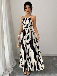 Vestido de línea A con estampado gráfico en blanco y negro, con hombros abiertos, nudo retorcido y escote de halter, elegante para primavera/verano de las mujeres - Albaricoque - Ver 5