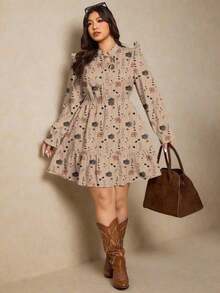 Vestido casual de manga larga con cuello de lazo, volantes y estampado floral para mujer de talla grande, apto para primavera/invierno - Multicolor 3 - Ver 3