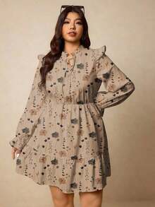Vestido casual de manga larga con cuello de lazo, volantes y estampado floral para mujer de talla grande, apto para primavera/invierno - Multicolor 3 - Ver 5