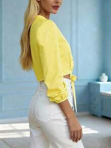 Blusa elegante y versátil con nudo delantero de unicolor, para uso casual diario, en el hogar, para ir al trabajo y en citas, primavera - Amarillo - Ver 3