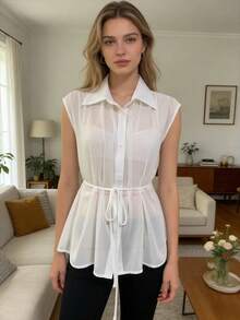 Blusa Blanca Transparente sin Mangas para Mujer 2026, Cuello Camisero, Abotonada, con Cinturón en la Cintura, Estilo Peplum, Informal, para Oficina, Verano - Blanco - Ver 3