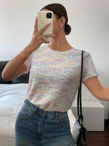 Camiseta de mujer de manga corta, cuello redondo, informal y holgada con estampado de efecto tie-dye - Multicolor - Ver 4