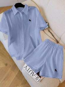 Conjunto informal vintage de 2 piezas, versátil y de moda - Azul - Ver 4
