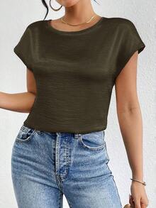 holgada y elegante casual con detalles metálicos en los hombros, blusa plisada de satén sólido de manga tipo murciélago para mujeres - Marrón 2 - Ver 4