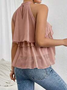 Blusa de gasa con volantes asimétricos y cuello suelto - Rosa vieja - Ver 8