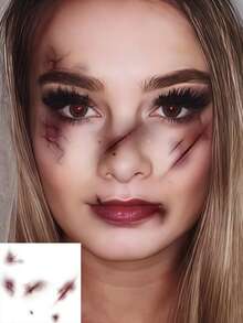 3 Sheets Waterproof Realistic Bruise Tattoos Stitch Wound Face Tattoos, Temporary Body Stickers For Adults, Halloween Cosplay, Costume, Easter & Festival Party - Multicolor - View 6