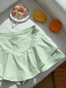 Culotte de mujer de cintura elástica y bajo con volantes de unicolor - verde menta - Ver 4
