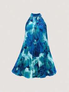 Vestido plisado con hombros abiertos y estampado para vacaciones, conjunto de ropa de playa para vacaciones - Azul 2 - Ver 8