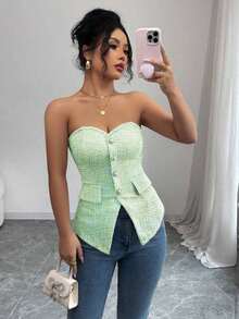 Top corto ajustado de verano para mujer con textura rosa, con detalle de botón de perla - Verde 2 - Ver 5